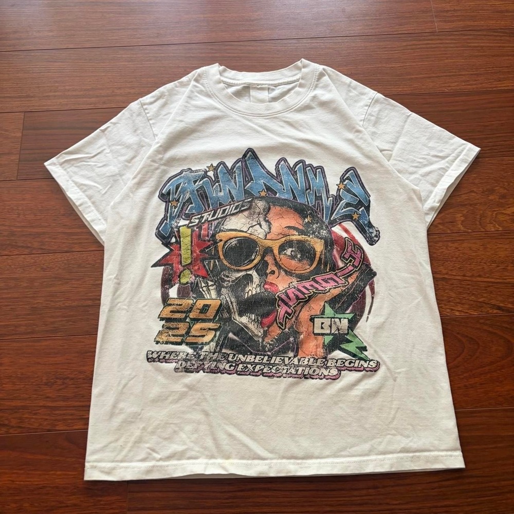 Y2K BrandNME Studios All Over Print Double-Sided Skull Graffiti Graphic Tee